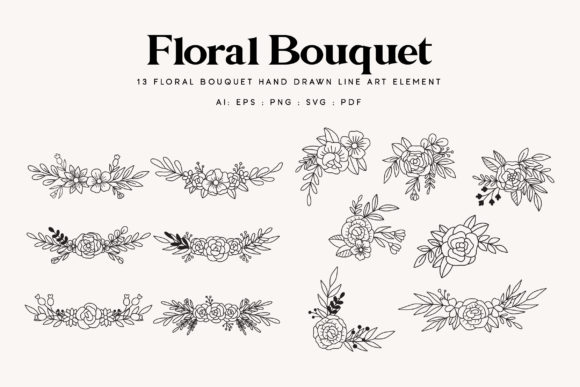 13 Floral Bouquet Line Art Illustration for Graphics & Editorial