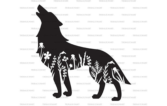 Silhouette of Floral and Howling Wolf Graphics